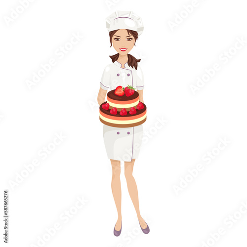Woman confectioner in uniform isolated on white background. Pastry chef is holding mousse cake with strawberry. Vector cartoon illustration.