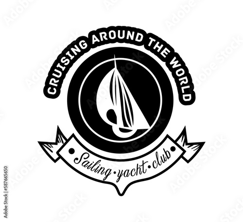 Ship label black and white. Adventure, travel, navigation. Poster or banner for website. Nautical trip and travel, journey. Cruising around world. Cartoon flat vector illustration
