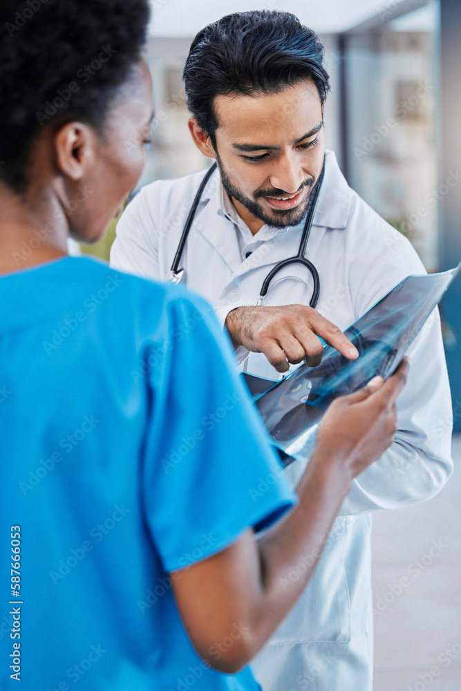 X ray, mri analysis and doctor team with conversation and medical ...