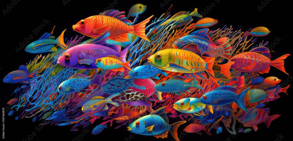 School of colorful iridescent stylized fish by generative AI