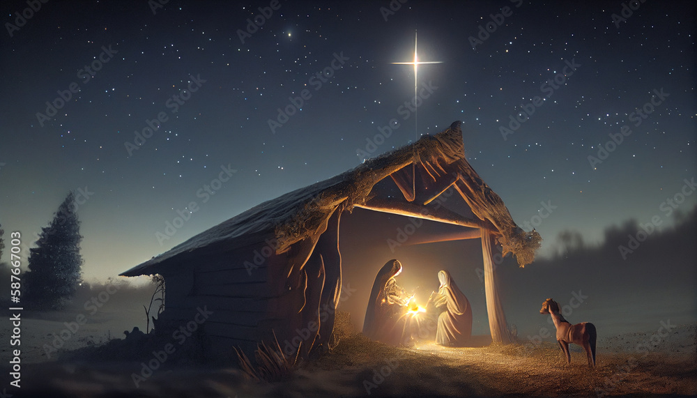 Photo & Art Print The birth of Christ in the barn at night. AI ...