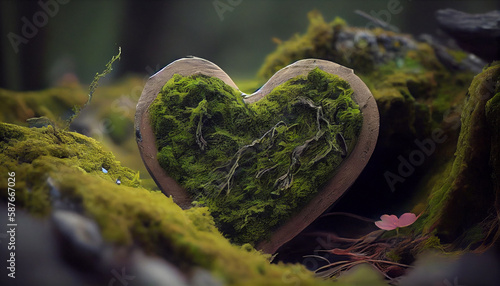 Stone heart in the moss forest. AI Generative