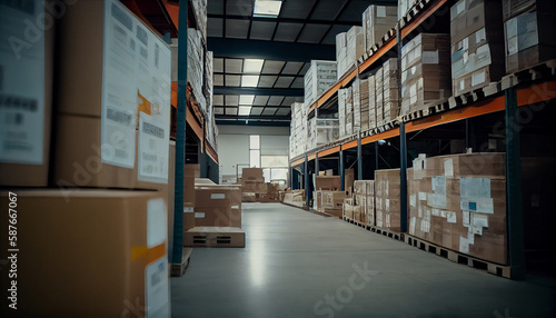 Warehouse full of boxes. AI Generative