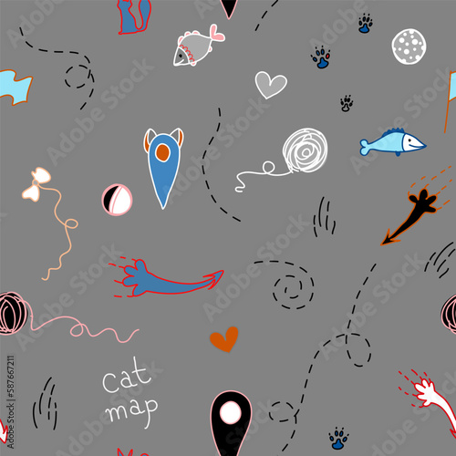 Seamless vector pattern. Cat map with special labels: paw prints, guides, fish. Cheerful image on a gray background. photo