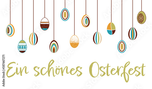 Ein schönes Osterfest - Text in deutsch - Happy Easter. Hängende bunte Ostereier in Retro Stil.