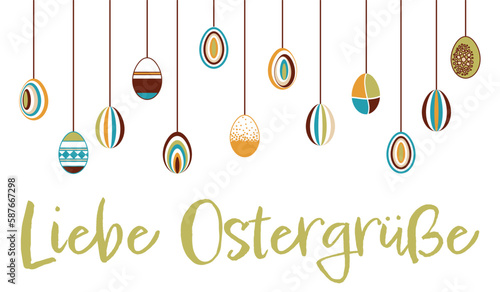 Liebe Ostergrüße, Text in deutsch. Vektorgrafik mit hängenden bunten Ostereiern im Retro Stil.