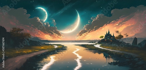 beautiful scenery of water road in colorful rustic place against black clouds and crescent moon in the sky, digital art style, illustration painting, Generative AI
