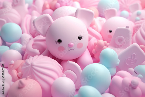 Heap of marshmallow sweets in kawaii style, pink and blue cute desserts background. Generative AI © Sergio