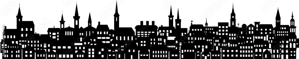 Town silhouette, city skyline, roofs of buildings, factories, churches and houses in night cityscape aerial vector illustration.