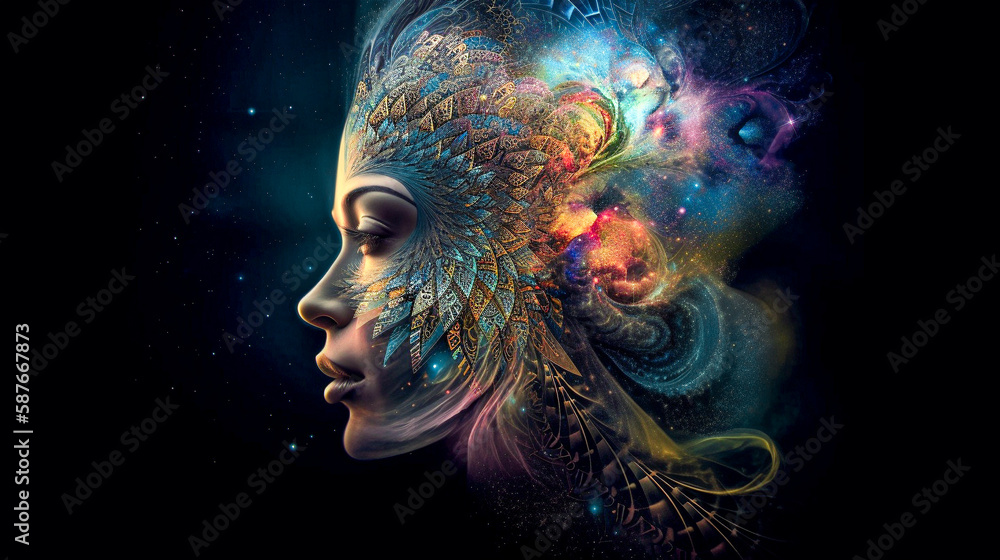 Vibrant illustration of a head full of wonders and imagination. Created with Generative AI. Vibrant illustration of a head full of wonders and imagination. Created with Generative AI.