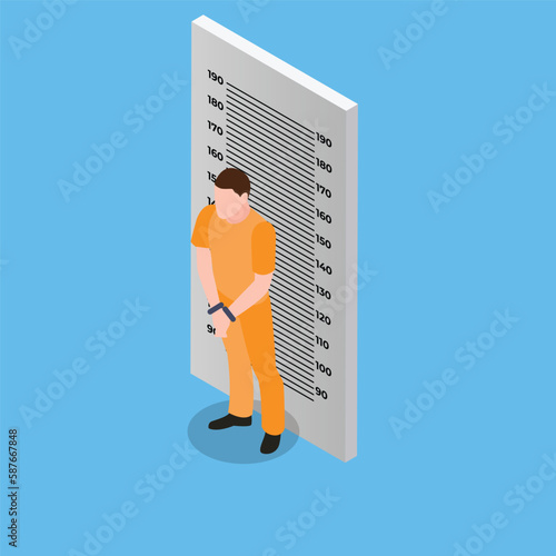 Arrested criminal holds board for identification isometric 3d vector illustration concept banner, website, landing page, ads, flyer template