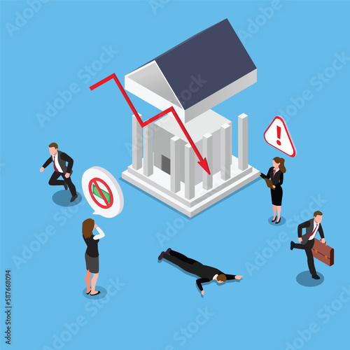 Banking collapse or bank run isometric 3d vector illustration concept banner, website, landing page, ads, flyer template