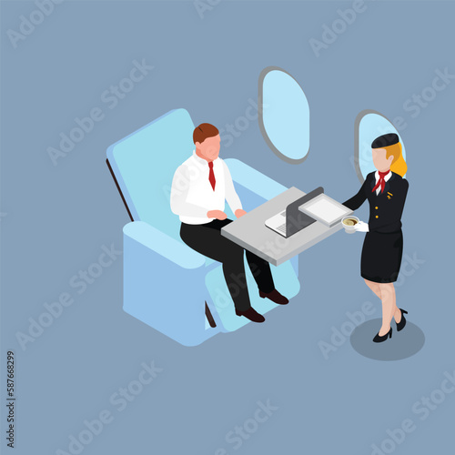 Young guy travel by airplane in business class isometric 3d vector illustration concept banner, website, landing page, ads, flyer template