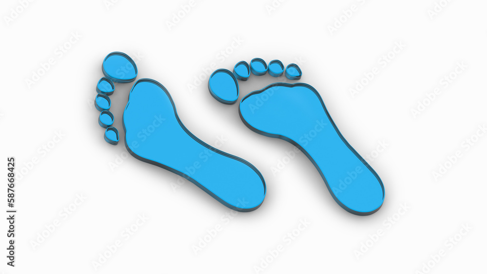 two blue glass bare footprints. bare footprint close up. 3D image. 3D rendering. Horizontal image. two blue glass bare footprints. bare footprint close up. 3D image. 3D rendering. Horizontal image.