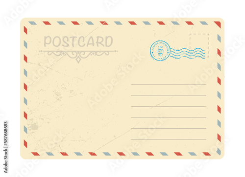 Beige postcard or envelope. Mockup for letter or invitation card. Poster or banner for website. Mail and letter with postmarks and stamps. Cartoon flat vector illustration