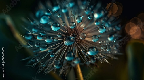 Dandelion seeds in drops of water on a blue and turquoise beautiful background with soft focus. Generative AI.