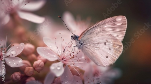Soft pink romantic natural floral background with butterfly on flower in soft daylight. Generative AI.