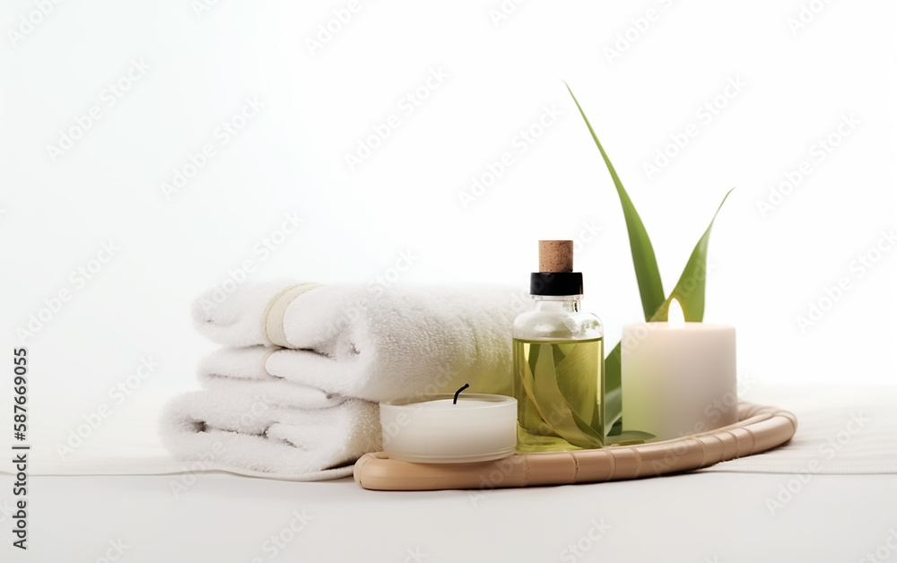 Spa essentials with white towels, aromatic oil, and candles on a wooden tray