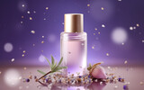 Serene image of a skincare bottle surrounded by lavender sprigs and soft glowing lights