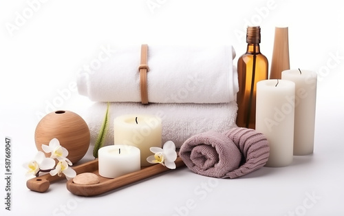 Spa and wellness setting with towels  candles  and massage oils