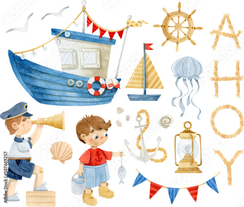 Watercolor blue boat with garlands, sailor boys, ahoy lettering and nautical elements