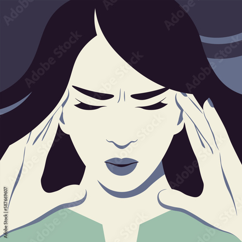 An Asian woman is suffering from headache and migraine. Overwork and overtime work. Symptom of influenza and other diseases. Stress. Vector flat illustration