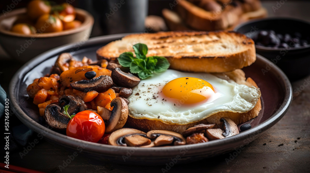 English breakfast, fried egg, beans, tomatoes, mushrooms, bacon and toast. Delicious Start Classic British Breakfast English breakfast, fried egg, beans, tomatoes, mushrooms, bacon and toast. Delicious Start Classic British Breakfast