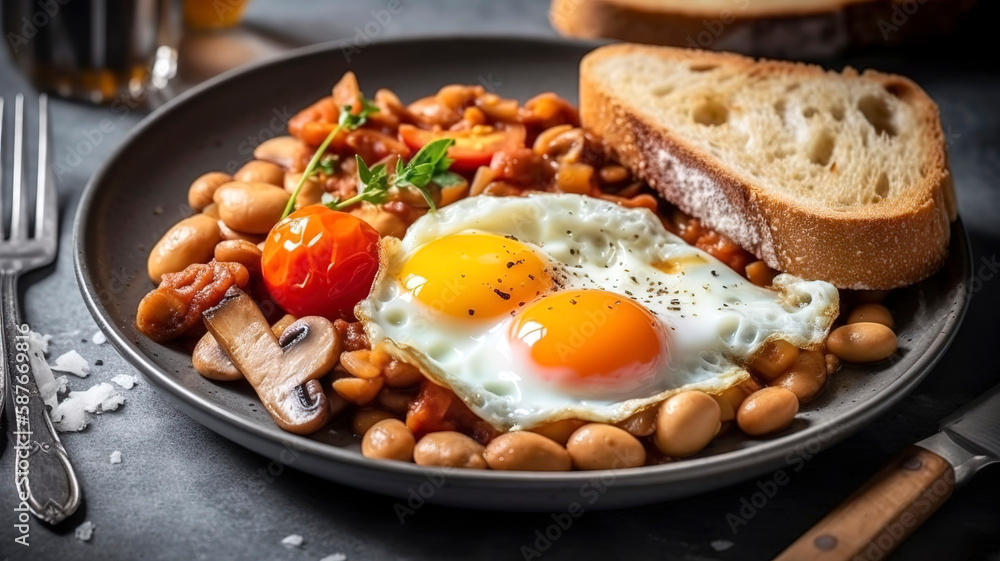 English breakfast, fried egg, beans, tomatoes, mushrooms, bacon and toast. Savory English Breakfast Spread English breakfast, fried egg, beans, tomatoes, mushrooms, bacon and toast. Savory English Breakfast Spread