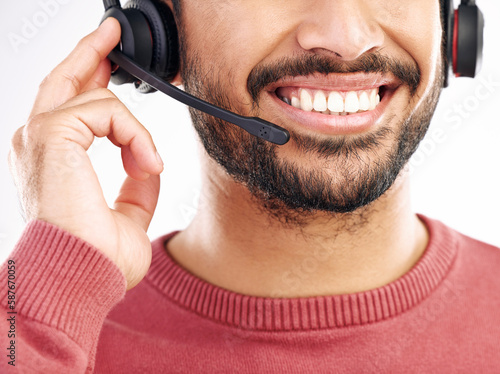 Call center consulting  mouth or happy man telemarketing on contact us CRM or telecom studio. Customer service communication  face headset mic and male consultant smile isolated on white background