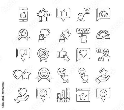 Customer satisfaction line icons set. Collection of design elements for website. Rating and ranking, quality mark. Review and feedback. Cartoon flat vector illustrations isolated on white background