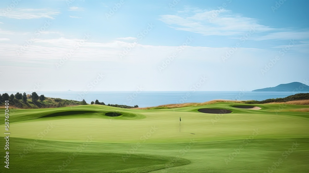 Fototapeta premium Seaside Golf Course with Rolling Hills and Blue Sky. Generative AI.