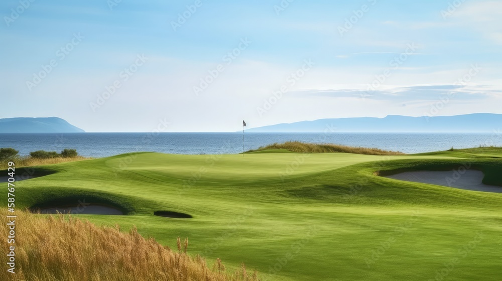 Fototapeta premium Seaside Golf Course with Rolling Hills and Blue Sky. Generative AI.