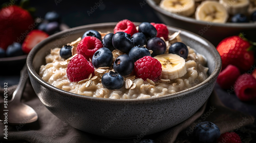 Oatmeal with sliced bananas and berries on top. Healthy Vegan Oatmeal with Banana and Berry Medley Oatmeal with sliced bananas and berries on top. Healthy Vegan Oatmeal with Banana and Berry Medley