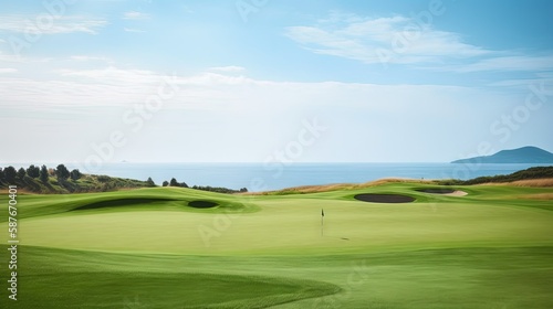 Seaside Golf Course with Rolling Hills and Blue Sky. Generative AI. photo