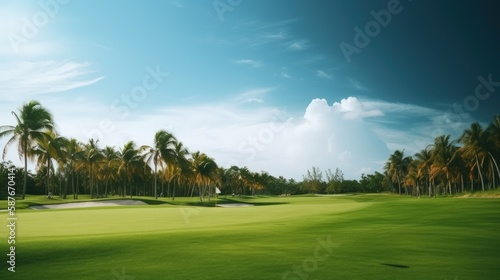 Scenic Golf Course with Palm Trees and Blue Sky. Generative AI.