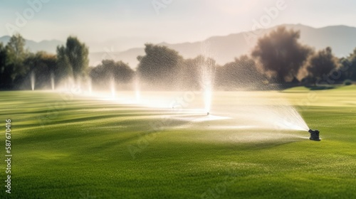 Close-up of Irrigation System Sprinkler on Golf Course. Generative AI.