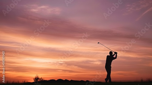 Silhouette of a golfer throwing a swinging club against a stunning sunset sky. Generative AI. © GustavsMD