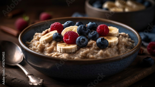 Oatmeal with sliced bananas and berries on top. Burst of Flavor Banana and Berry Oatmeal Bowl