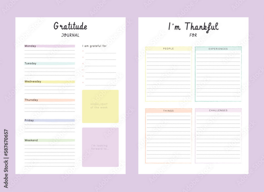 Gratitude Journal and thankful planner. Minimalist planner template set. Vector illustration.
