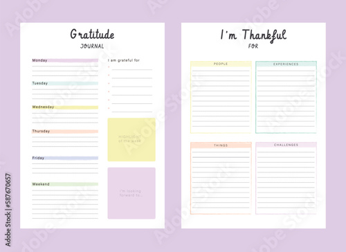 Gratitude Journal and thankful planner. Minimalist planner template set. Vector illustration.

