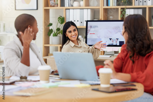 Office, business women and team at startup company, talking and productive in coworking space. Diversity, corporate and female group together for discussion, planning and planning online proposal