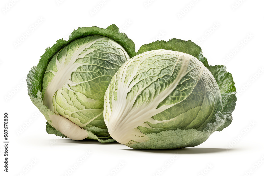 Fototapeta premium Cabbage on a white background. Head of cabbage with leaves isolated on white background. Generative AI