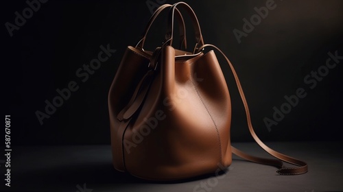 Fashionable women's youth bag in bright brown color on a dark background. Generative AI.