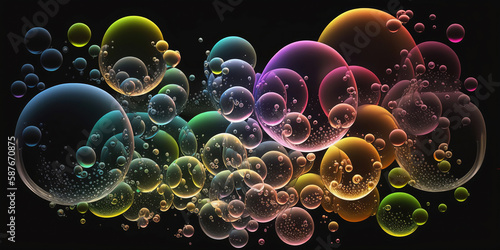 Colorful bubbles on a dark background. Generative AI