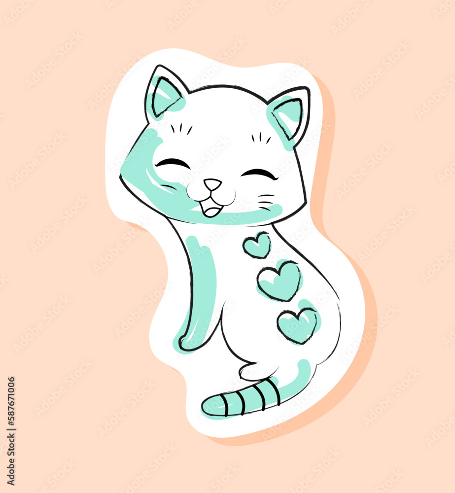 Cute cat sticker. Adorable kitten with hearts. Love and romance. Pet washes and licks paw. Hygiene and routine. Poster or banner for website. Cartoon flat vector illustration Cute cat sticker. Adorable kitten with hearts. Love and romance. Pet washes and licks paw. Hygiene and routine. Poster or banner for website. Cartoon flat vector illustration
