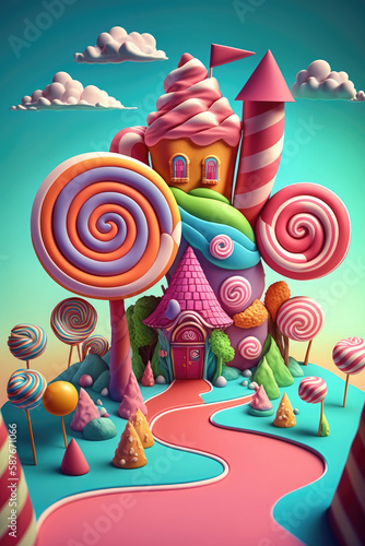 The magical city of candyland where everything is made of sweets. Generative AI photo