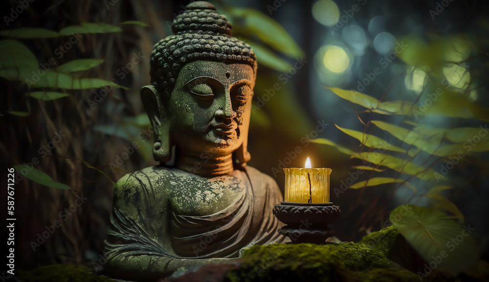 Ancient buddha sculpture in the green rain forest with lighting candle at night