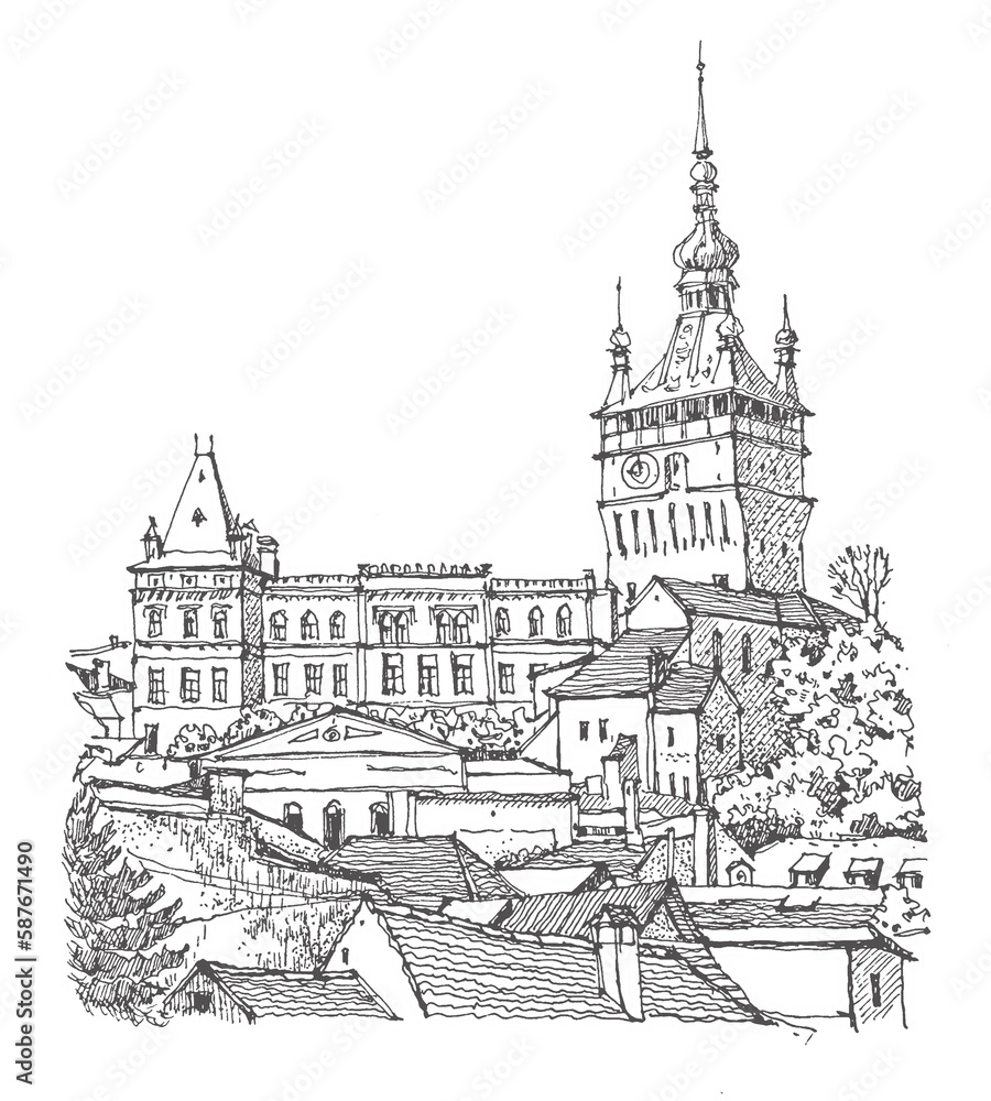 Travel sketch illustration of Sighisoara, a medieval fortress and Clock Tower in the Transylvania, Romania. Urban sketch in black color on white background. A hand-drawn old building, linear drawing.