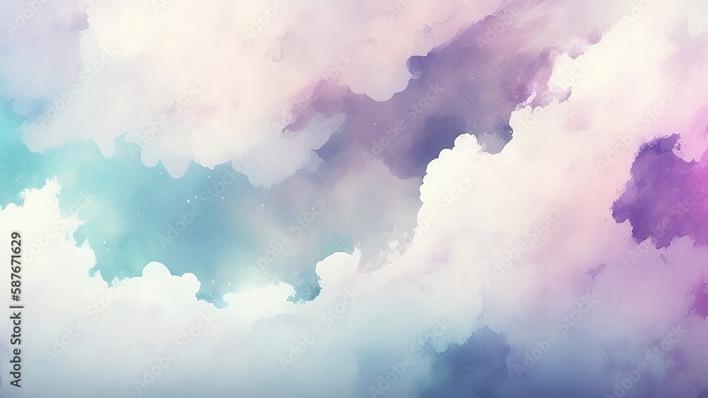 Watercolor abstract background in shades of blue, white, pink, and purple, showcasing a combination of grunge and marble textures with a subtle mist or hazy lighting effect