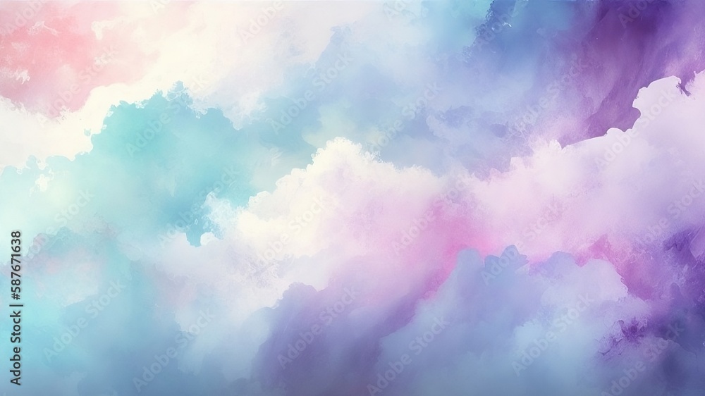 Watercolor abstract background in shades of blue, white, pink, and purple, showcasing a combination of grunge and marble textures with a subtle mist or hazy lighting effect